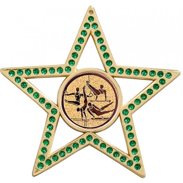 GREEN STAR MALE GYMNASTICS MEDAL  - 75MM -GOLD, SILVER OR BRONZE